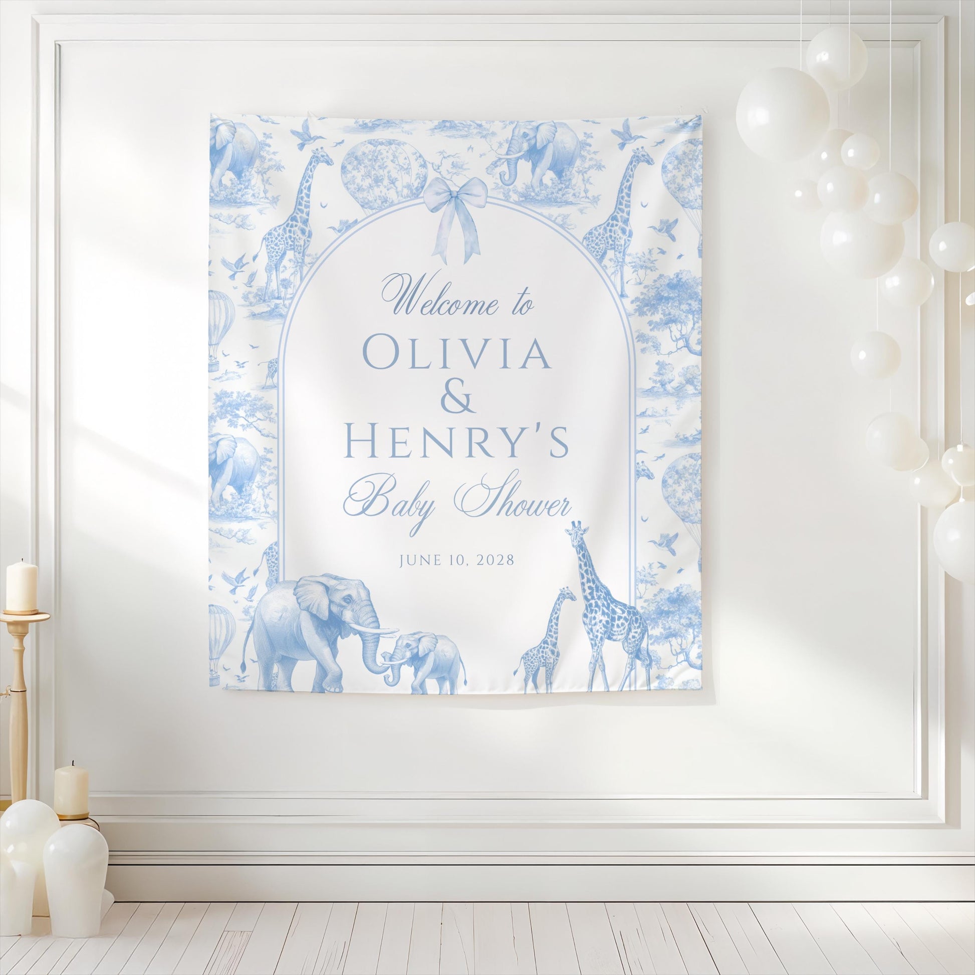 Safari Toile Baby Shower Backdrop | Blue Toile De Jouy Welcome Sign | French Chinoiserie Animal Banner | Personalized Bow Tapestry Decor