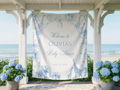 Safari Toile Baby Shower Backdrop | Blue Toile De Jouy Welcome Sign | French Chinoiserie Animal Banner | Personalized Bow Tapestry Decor