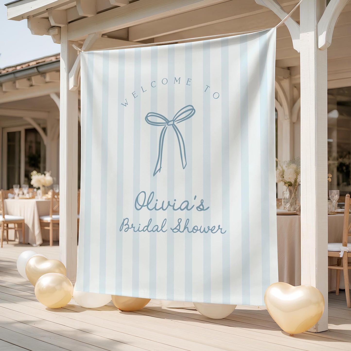 Bow Baby Shower Backdrop | Light Dusty Blue Striped Banner | Neutral Welcome Sign | Personalized Boy Baby Shower Decor | Bridal Shower