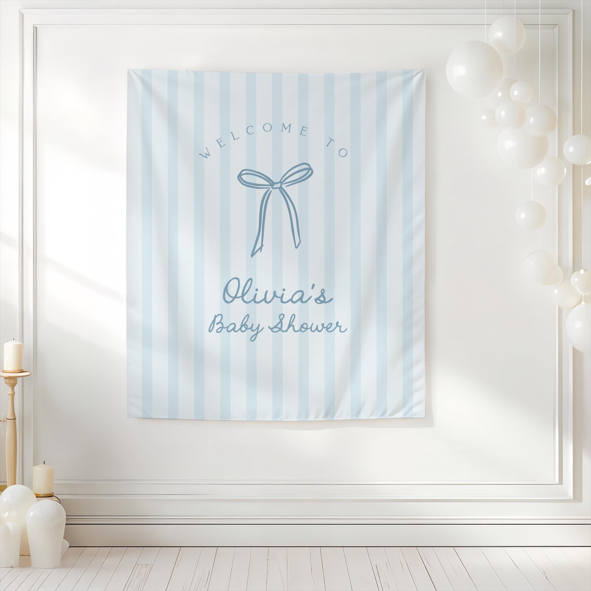 Bow Baby Shower Backdrop | Light Dusty Blue Striped Banner | Neutral Welcome Sign | Personalized Boy Baby Shower Decor | Bridal Shower
