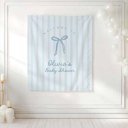 Bow Baby Shower Backdrop | Light Dusty Blue Striped Banner | Neutral Welcome Sign | Personalized Boy Baby Shower Decor | Bridal Shower