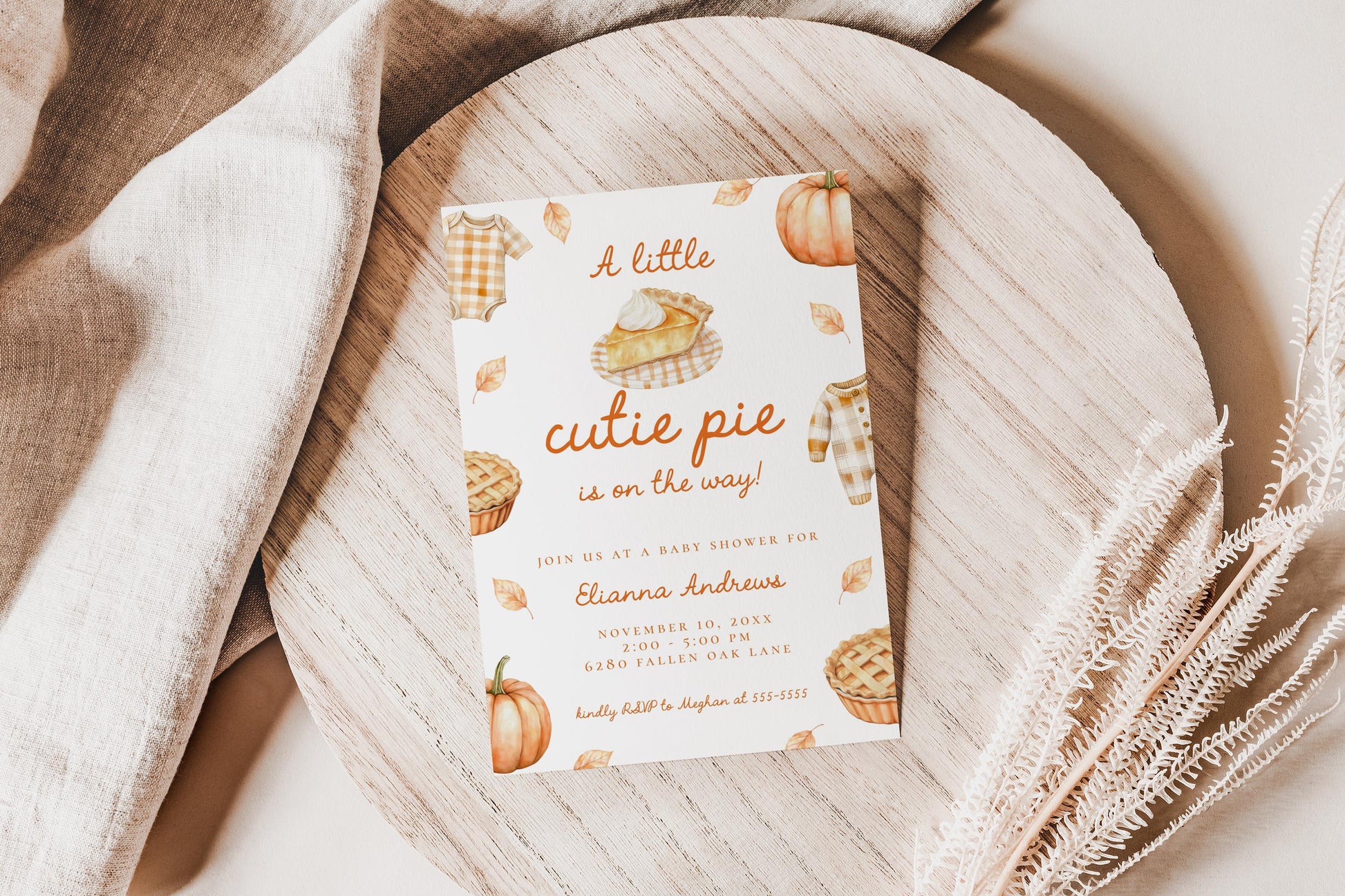 Cutie Pie Baby Shower Invitation, Editable Fall Autumn Pumpkin Invite Template