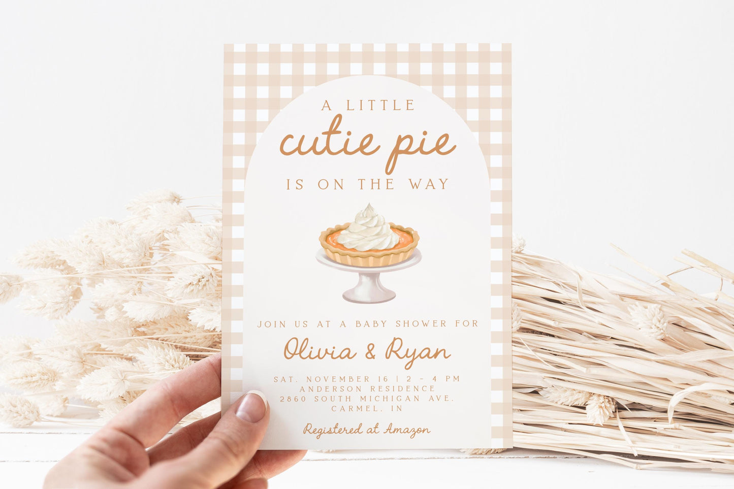 Cutie Pie Baby Shower Invite | Neutral Gingham Arch | Fall Gender Reveal & Coed Couples Shower | Thanksgiving Pumpkin Pie Theme