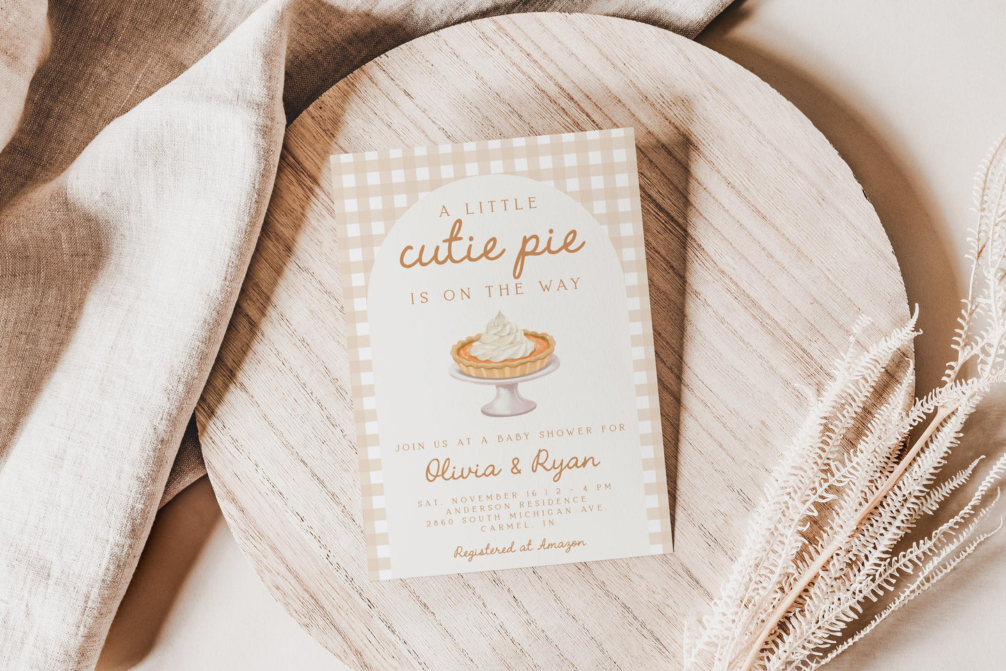 Cutie Pie Baby Shower Invite | Neutral Gingham Arch | Fall Gender Reveal & Coed Couples Shower | Thanksgiving Pumpkin Pie Theme