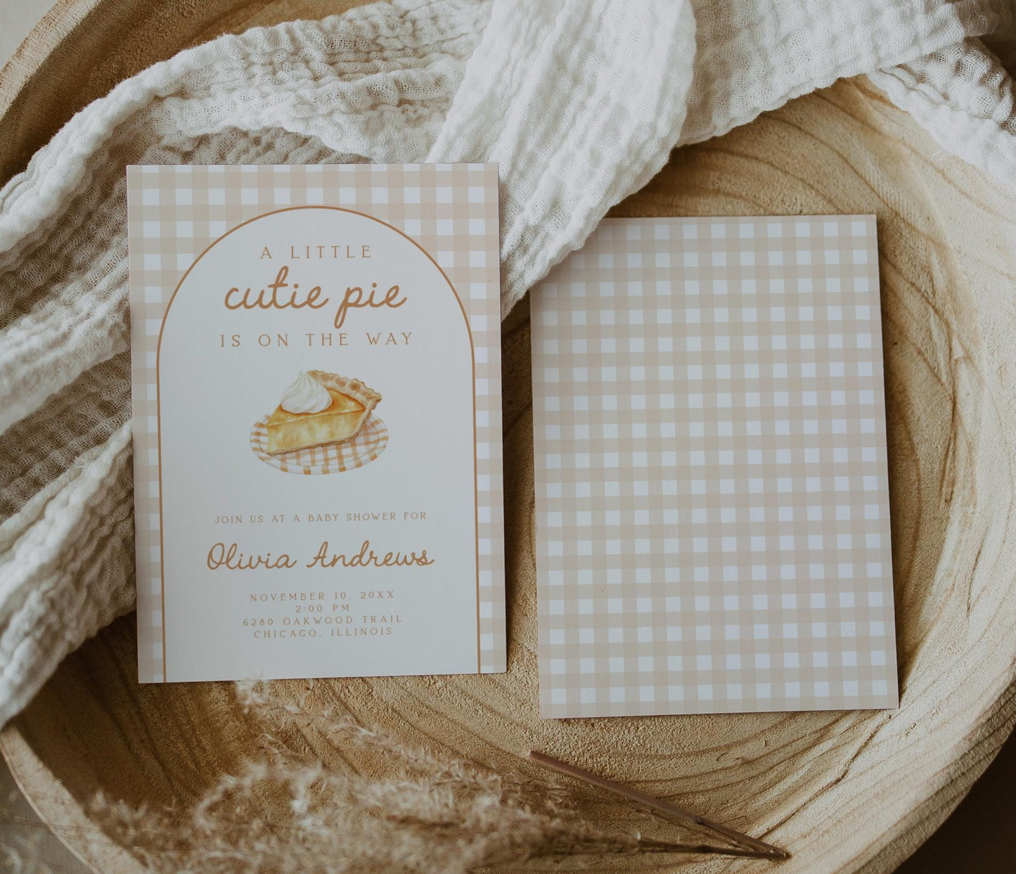Cutie Pie Pumpkin Baby Shower Invite | Fall Neutral Gingham Arch | Thanksgiving Gender Reveal Template