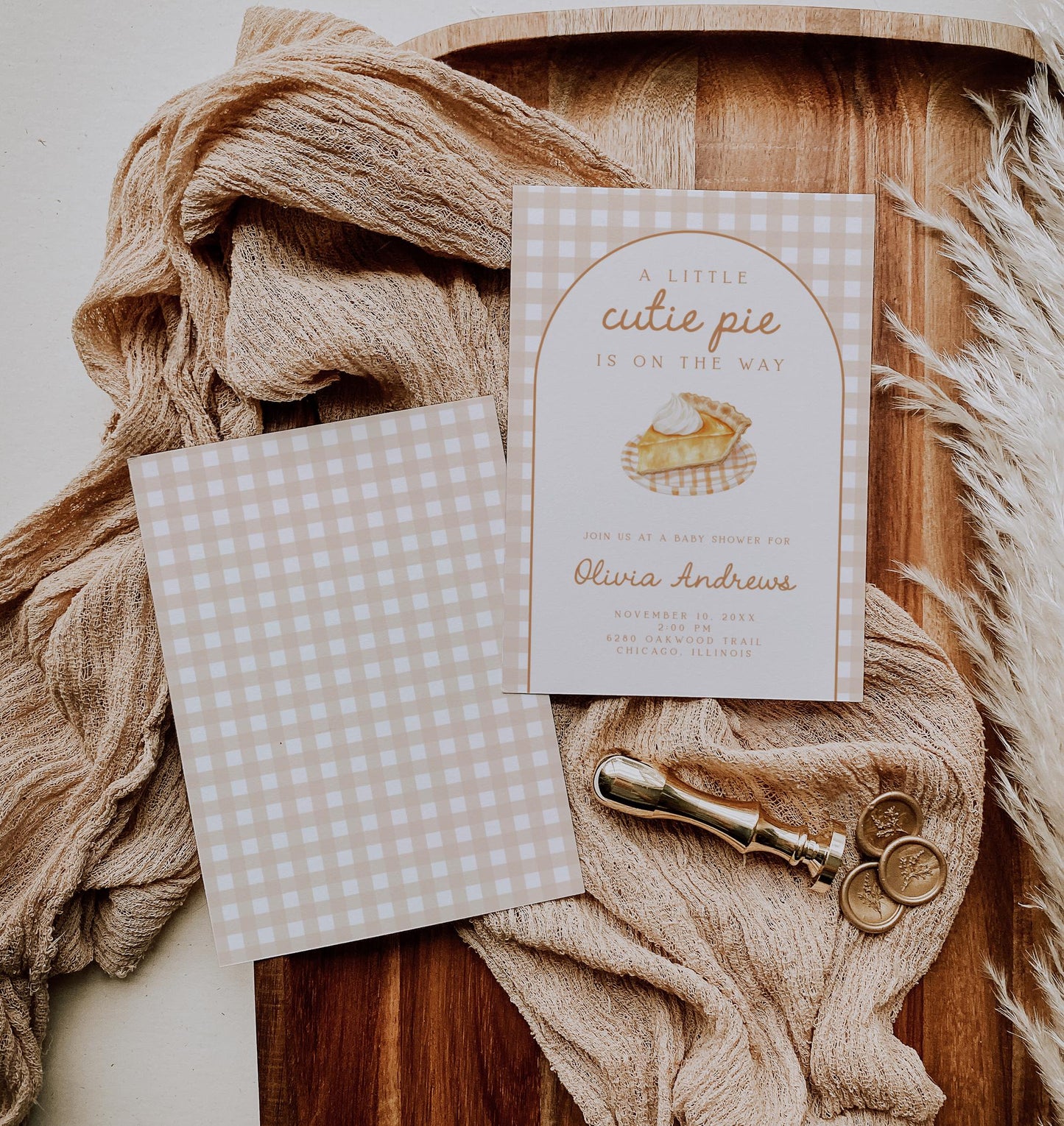 Cutie Pie Pumpkin Baby Shower Invite | Fall Neutral Gingham Arch | Thanksgiving Gender Reveal Template