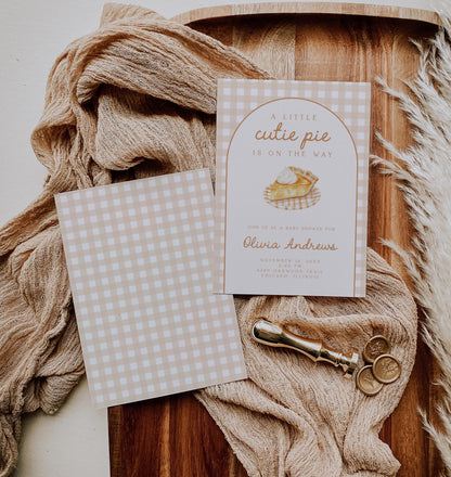 Cutie Pie Pumpkin Baby Shower Invite | Fall Neutral Gingham Arch | Thanksgiving Gender Reveal Template