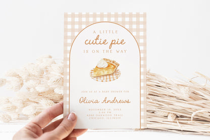 Cutie Pie Pumpkin Baby Shower Invite | Fall Neutral Gingham Arch | Thanksgiving Gender Reveal Template