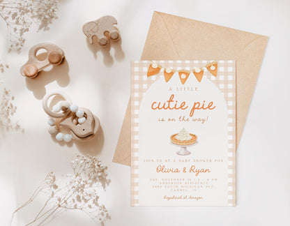 Pumpkin Pie Baby Shower Invitation | Cutie Pie Invite | Neutral Gingham Arch | Fall Coed Couples Shower | Thanksgiving Autumn Gender Reveal