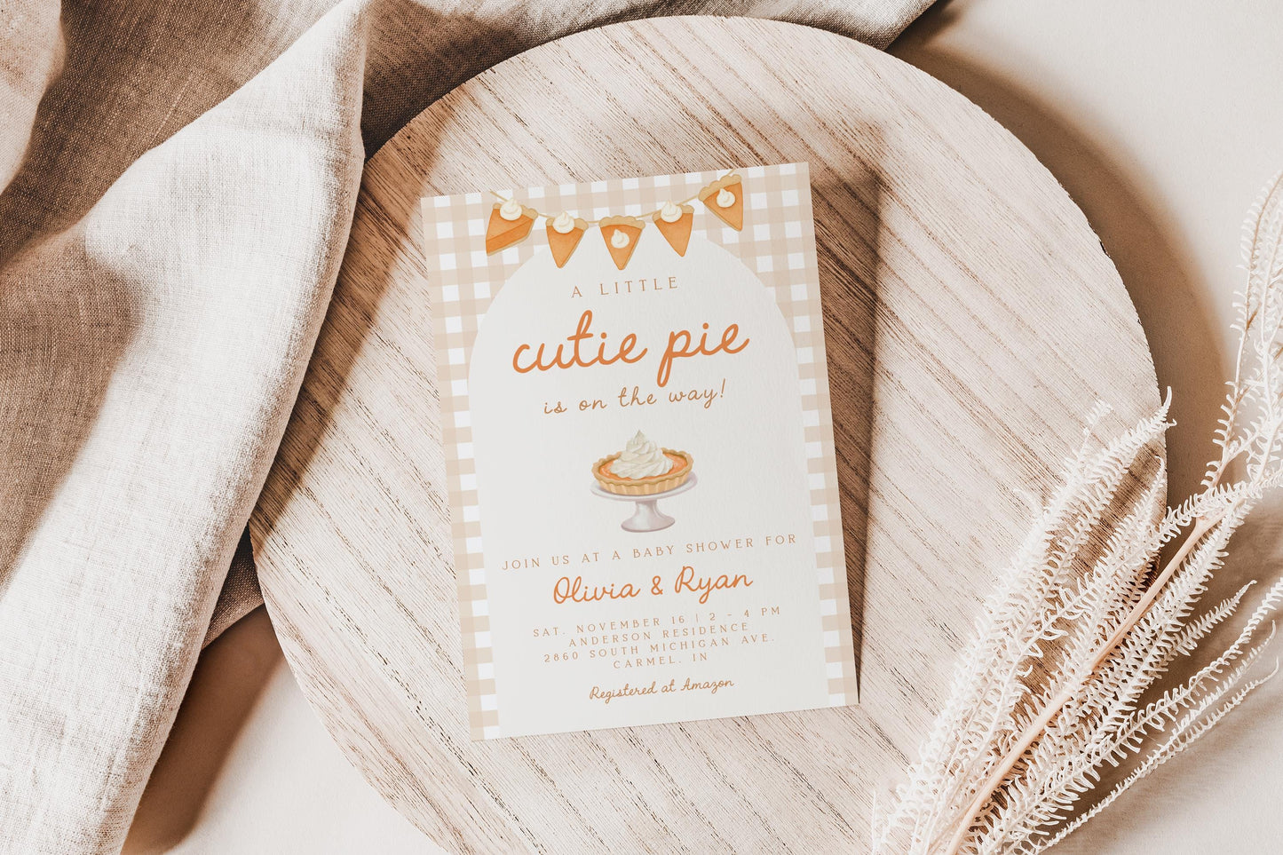 Pumpkin Pie Baby Shower Invitation | Cutie Pie Invite | Neutral Gingham Arch | Fall Coed Couples Shower | Thanksgiving Autumn Gender Reveal