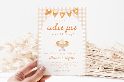 Pumpkin Pie Baby Shower Invitation | Cutie Pie Invite | Neutral Gingham Arch | Fall Coed Couples Shower | Thanksgiving Autumn Gender Reveal