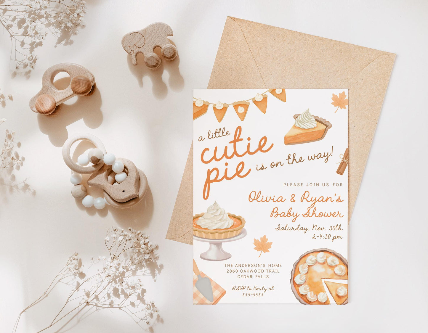 Editable Cutie Pie Baby Shower Invitation Template | Fall Thanksgiving Coed Invite | Pumpkin Pie Whimsical Baby Shower Corjl Template