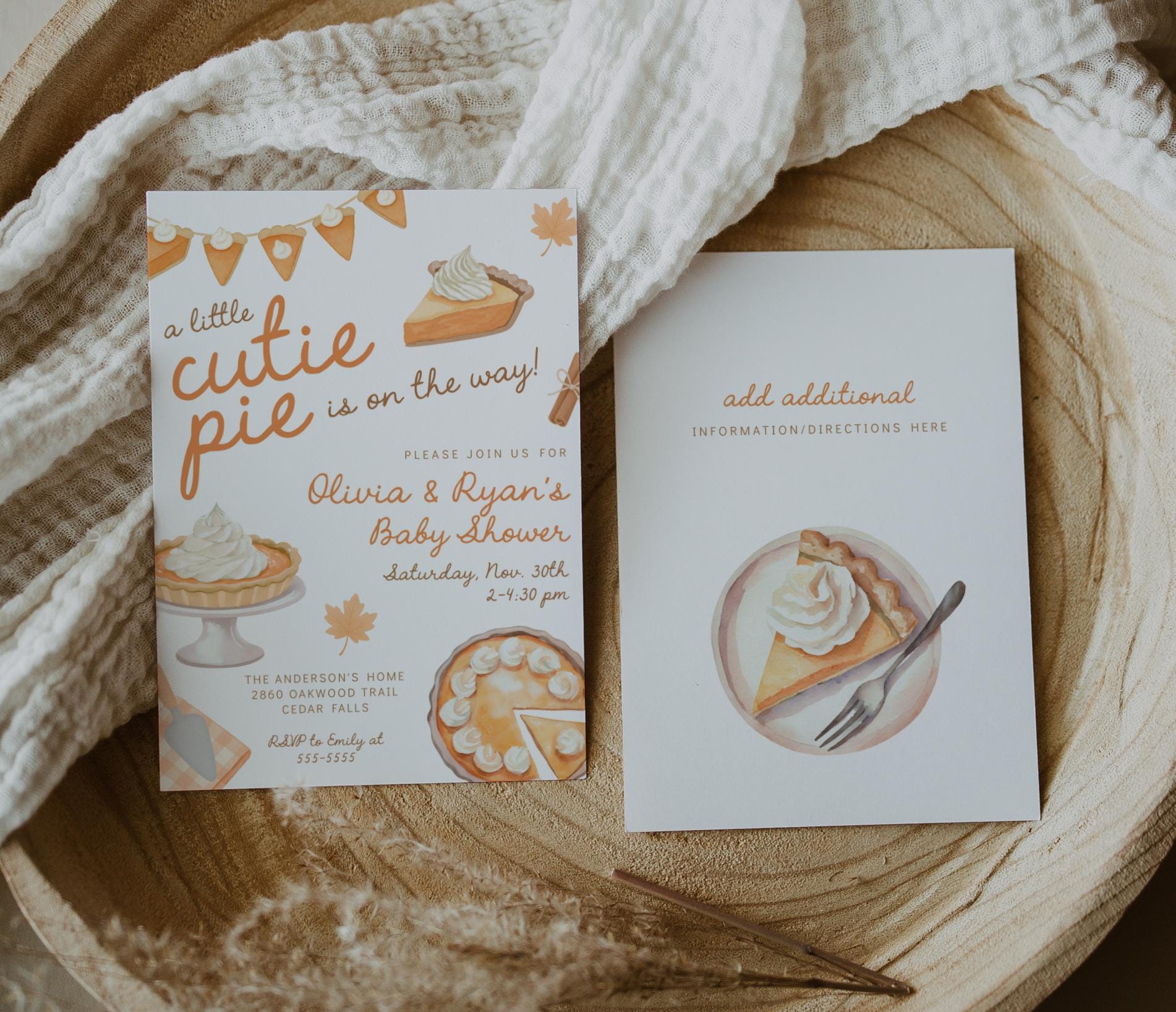 Editable Cutie Pie Baby Shower Invitation Template | Fall Thanksgiving Coed Invite | Pumpkin Pie Whimsical Baby Shower Corjl Template