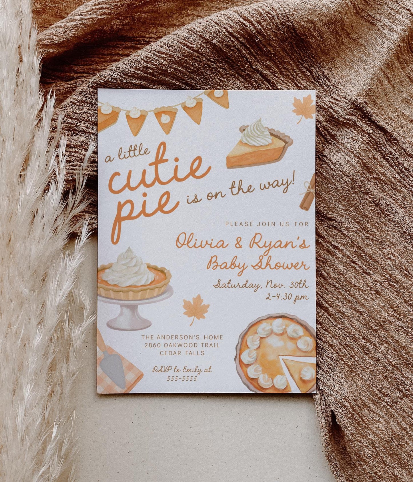 Editable Cutie Pie Baby Shower Invitation Template | Fall Thanksgiving Coed Invite | Pumpkin Pie Whimsical Baby Shower Corjl Template