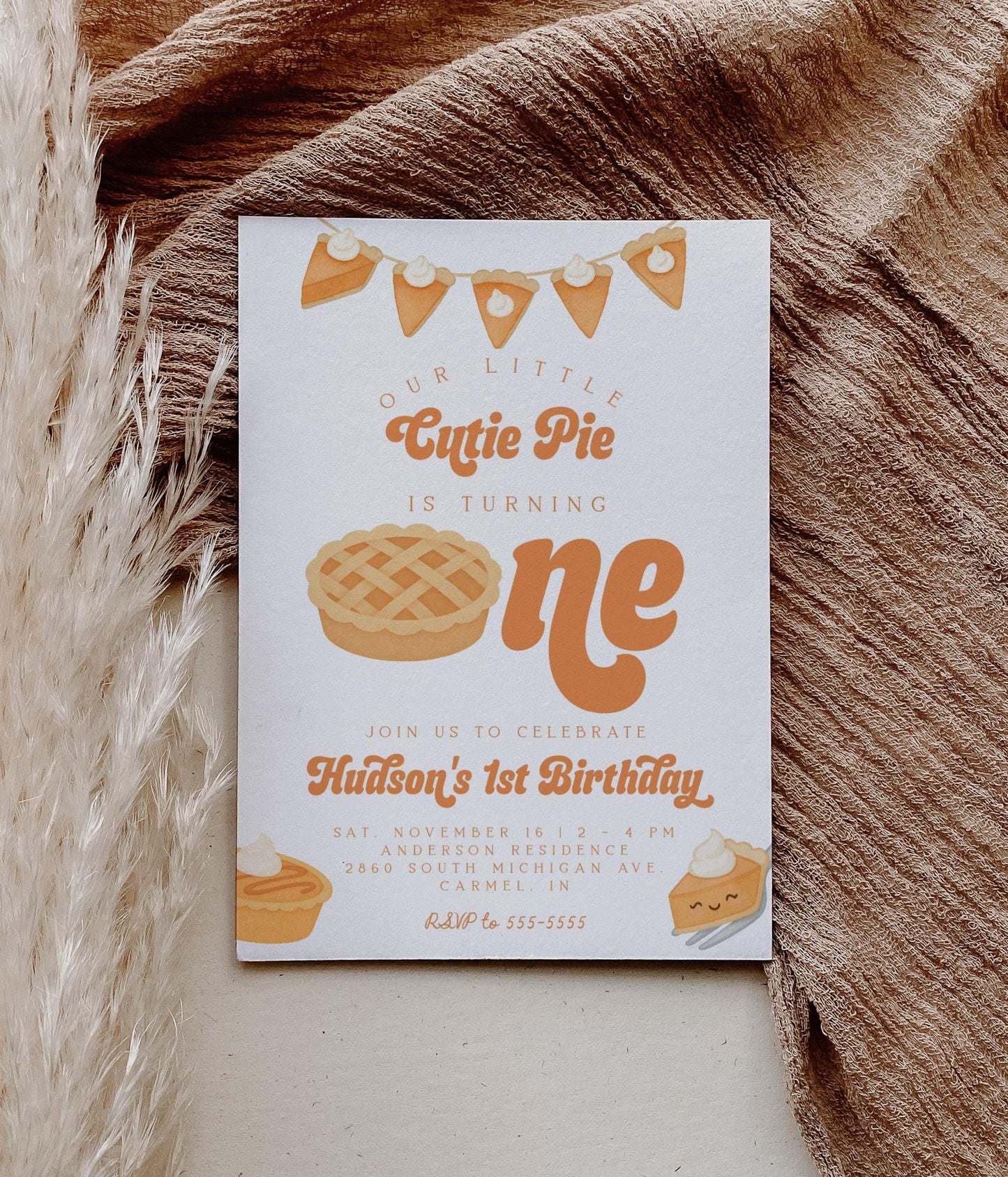 Cutie Pie Is One Invitation for 1st Birthday | Fall First Birthday Party | Editable Invite with Photo Back | Pumpkin Pie Thanksgiving Theme