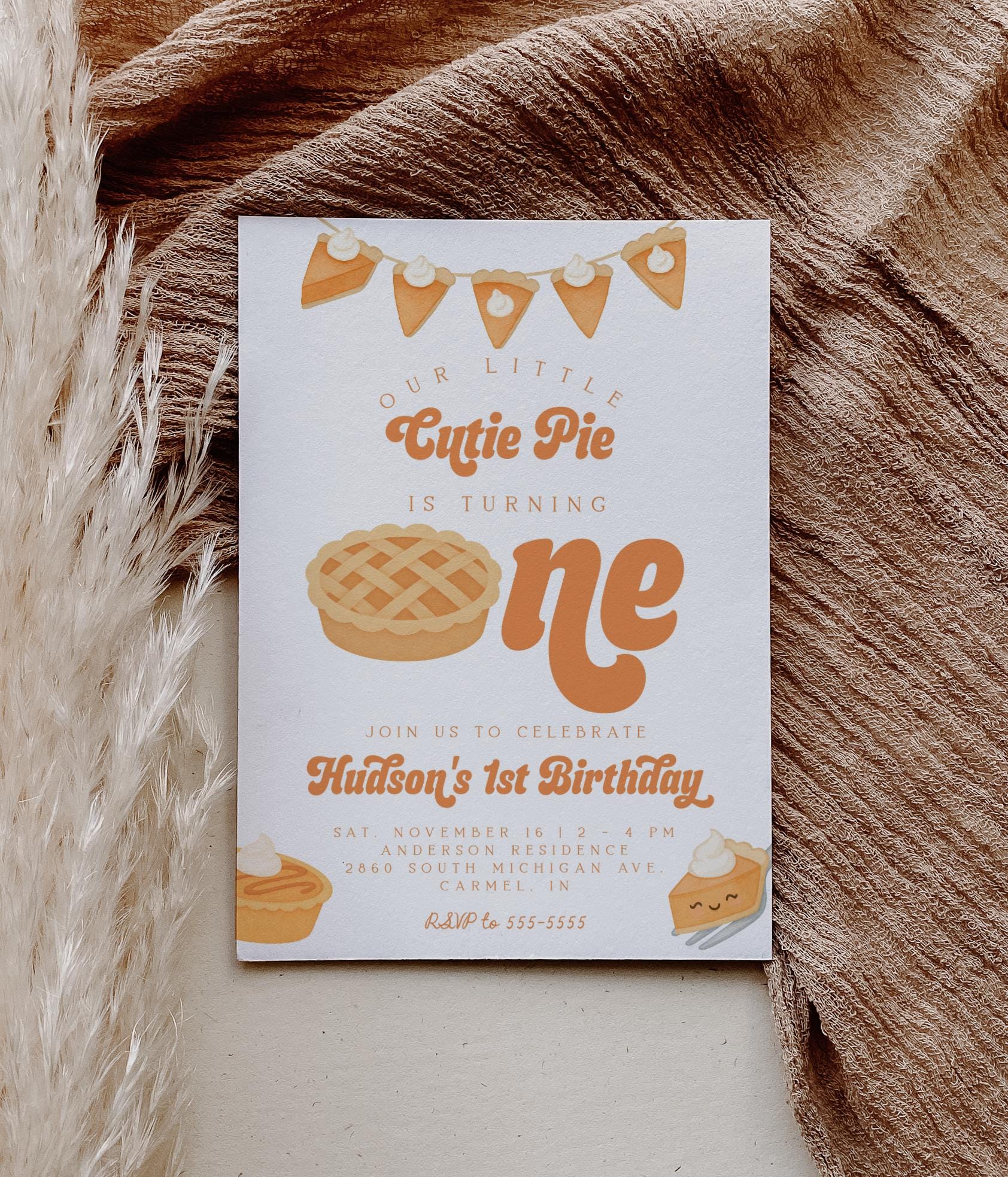 Cutie Pie Is One Invitation for 1st Birthday | Fall First Birthday Party | Editable Invite with Photo Back | Pumpkin Pie Thanksgiving Theme