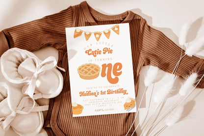 Cutie Pie Is One Invitation for 1st Birthday | Fall First Birthday Party | Editable Invite with Photo Back | Pumpkin Pie Thanksgiving Theme