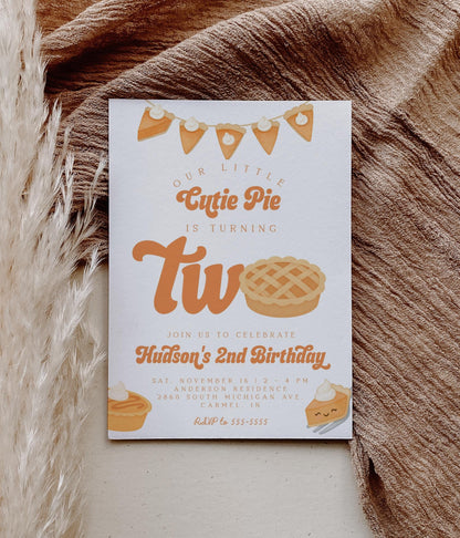 Cutie Pie Is Two Invitation for 2nd Birthday | Fall Second Birthday Party | Editable Invite with Photo Back | Pumpkin Pie Thanksgiving Theme