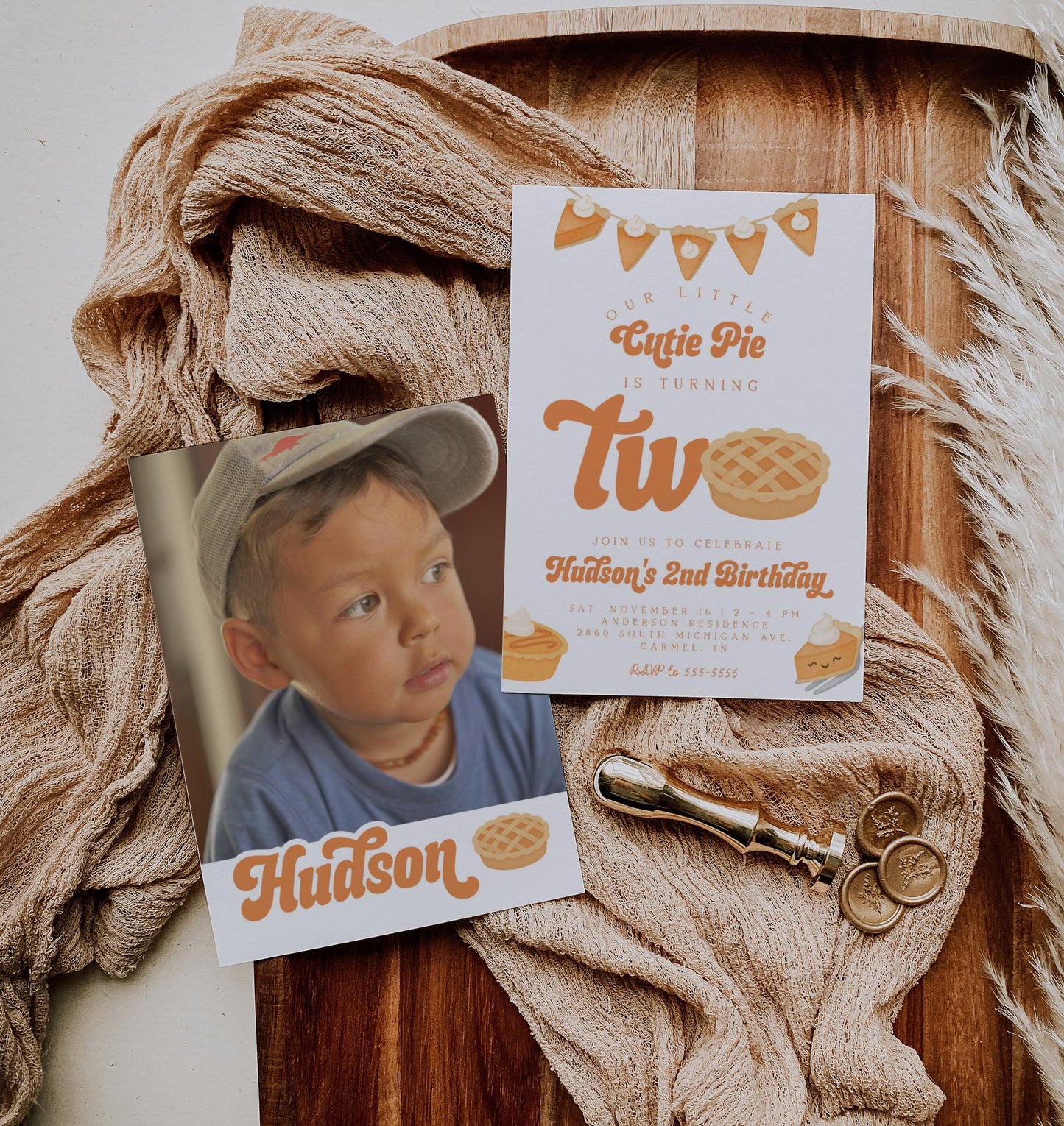 Cutie Pie Is Two Invitation for 2nd Birthday | Fall Second Birthday Party | Editable Invite with Photo Back | Pumpkin Pie Thanksgiving Theme