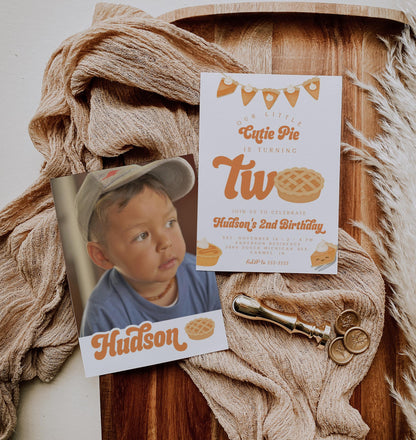Cutie Pie Is Two Invitation for 2nd Birthday | Fall Second Birthday Party | Editable Invite with Photo Back | Pumpkin Pie Thanksgiving Theme