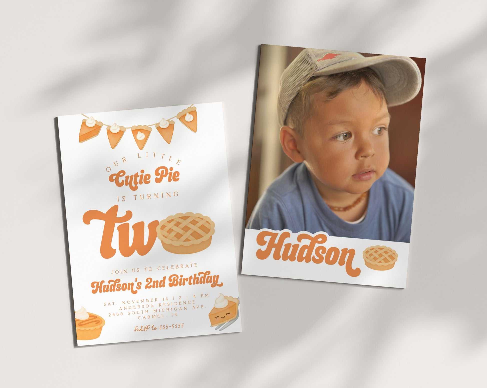 Cutie Pie Is Two Invitation for 2nd Birthday | Fall Second Birthday Party | Editable Invite with Photo Back | Pumpkin Pie Thanksgiving Theme