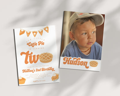 Cutie Pie Is Two Invitation for 2nd Birthday | Fall Second Birthday Party | Editable Invite with Photo Back | Pumpkin Pie Thanksgiving Theme