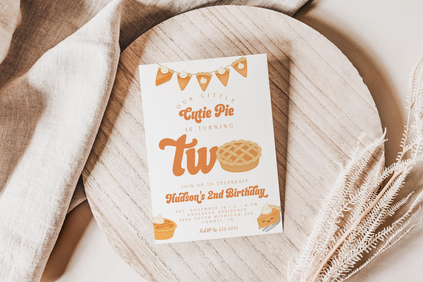 Cutie Pie Is Two Invitation for 2nd Birthday | Fall Second Birthday Party | Editable Invite with Photo Back | Pumpkin Pie Thanksgiving Theme