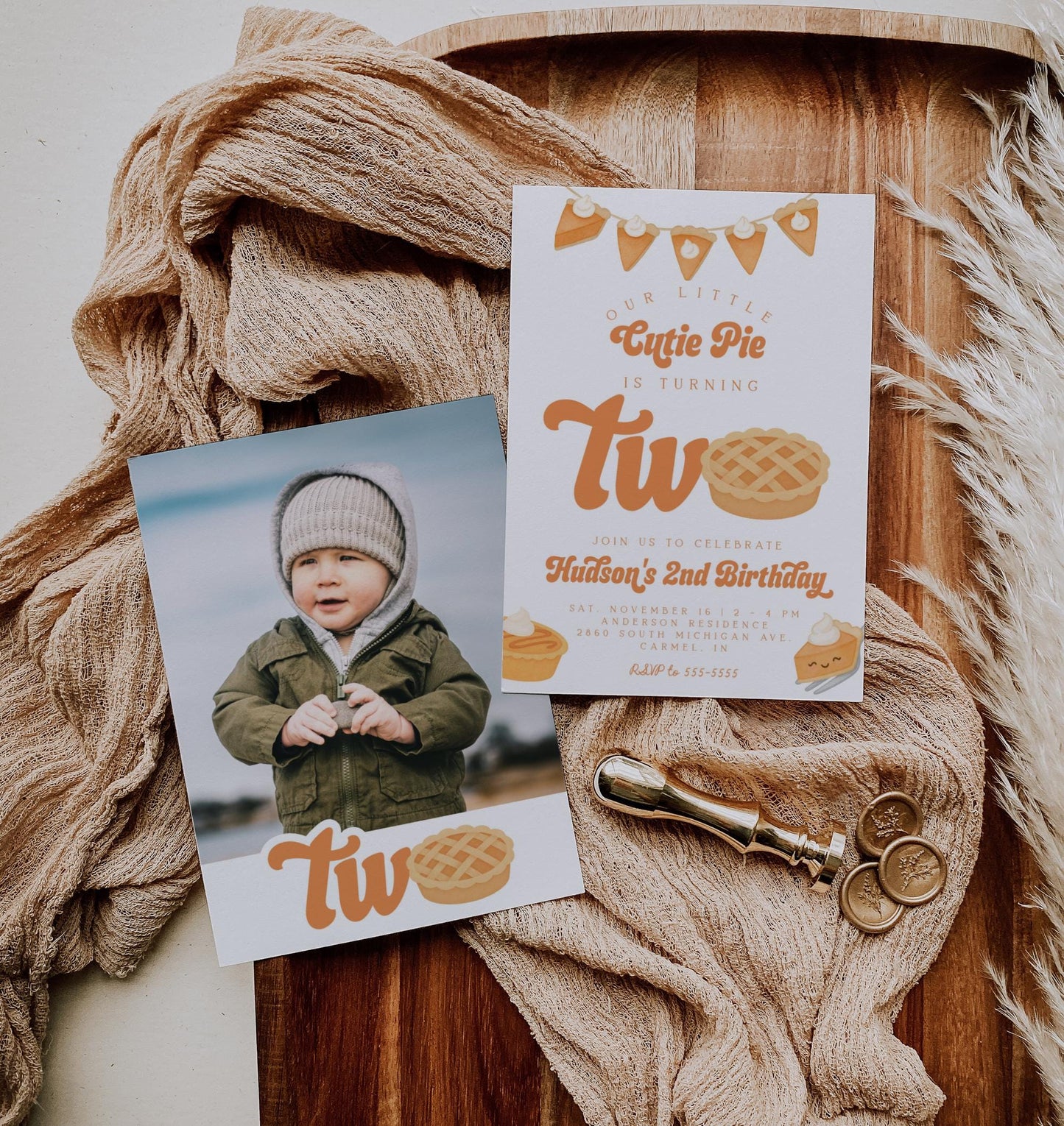 Cutie Pie Is Two Invitation for 2nd Birthday | Fall Second Birthday Party | Editable Invite with Photo Back | Pumpkin Pie Thanksgiving Theme