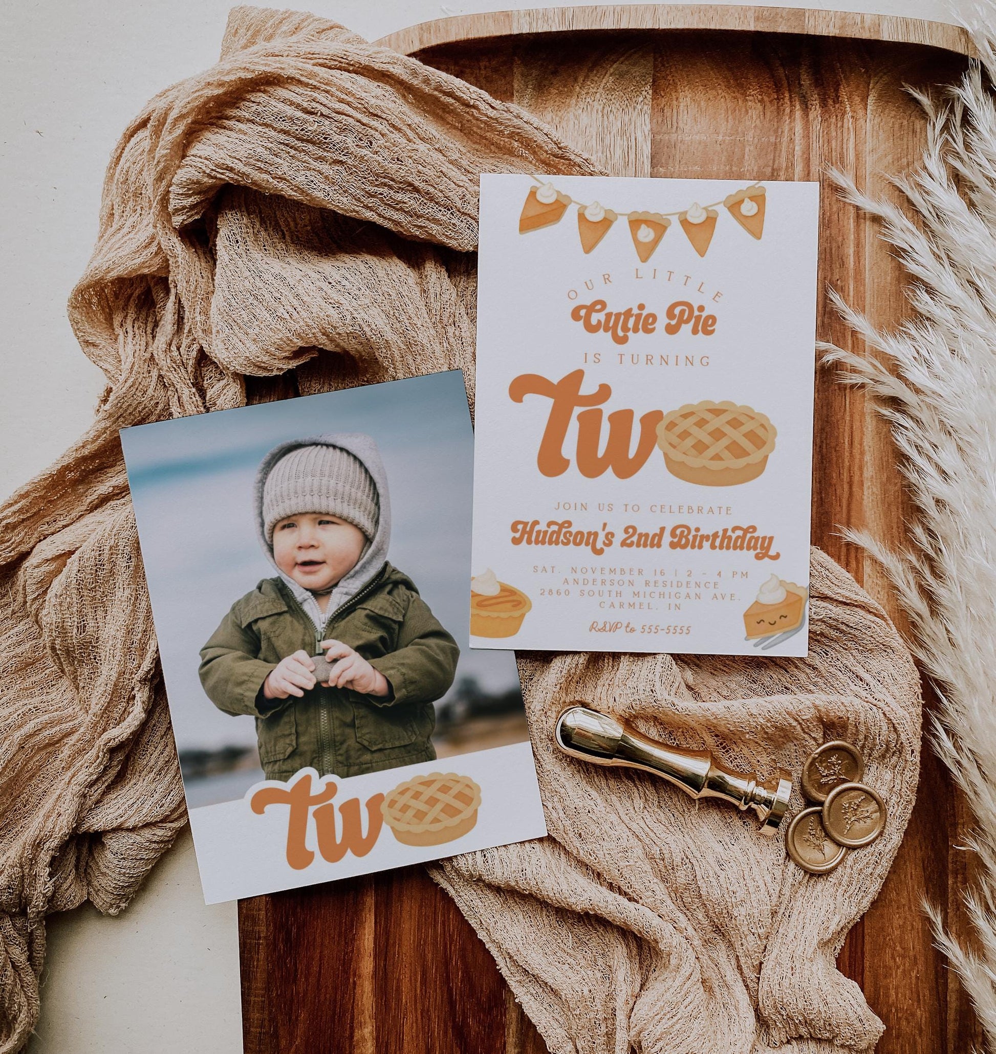 Cutie Pie Is Two Invitation for 2nd Birthday | Fall Second Birthday Party | Editable Invite with Photo Back | Pumpkin Pie Thanksgiving Theme