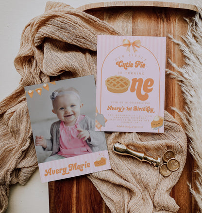 Girl Cutie Pie First Birthday Invitation | Coquette Bow Editable Template | Fall Aesthetic 1st Birthday Invite | Pink Orange Pumpkin Pie