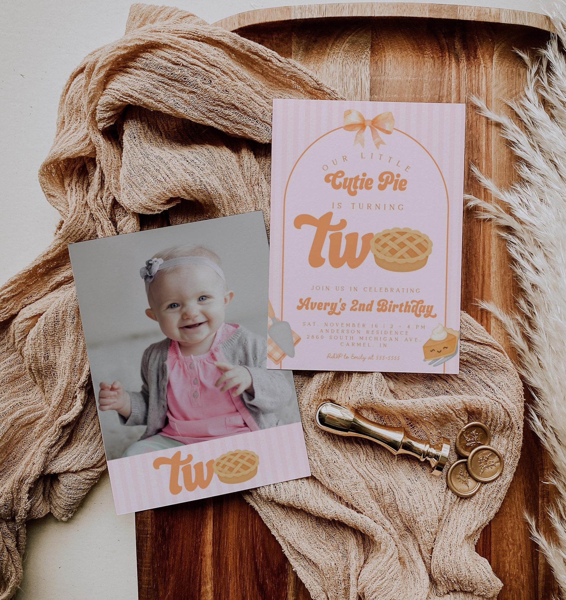 Girl Cutie Pie Second Birthday Invitation | Coquette Bow Editable Template | Fall Aesthetic 2nd Birthday Invite | Pink Orange Pumpkin Pie