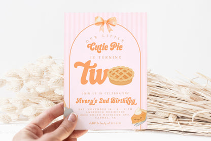 Girl Cutie Pie Second Birthday Invitation | Coquette Bow Editable Template | Fall Aesthetic 2nd Birthday Invite | Pink Orange Pumpkin Pie
