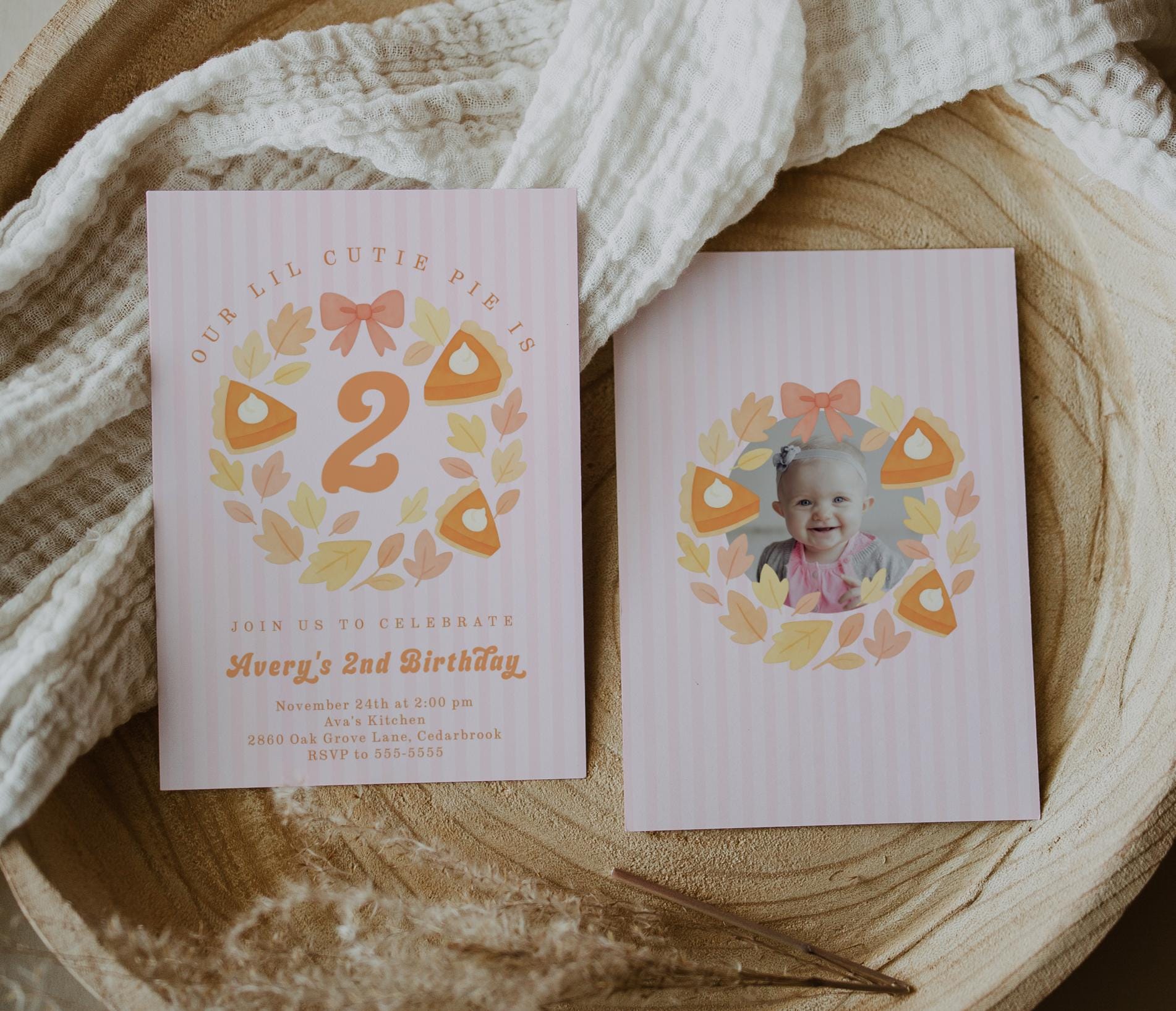 Cutie Pie Birthday Invitation for Girl | Editable Template for ANY AGE | Pumpkin Pie 2nd Birthday Invite with Pink Stripes and Bow