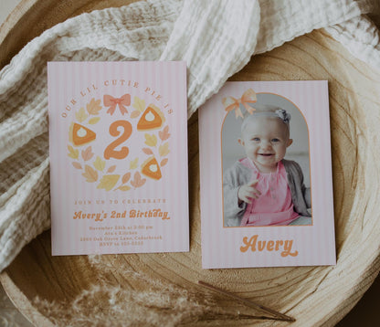 Cutie Pie Birthday Invitation for Girl | Editable Template for ANY AGE | Pumpkin Pie 2nd Birthday Invite with Pink Stripes and Bow