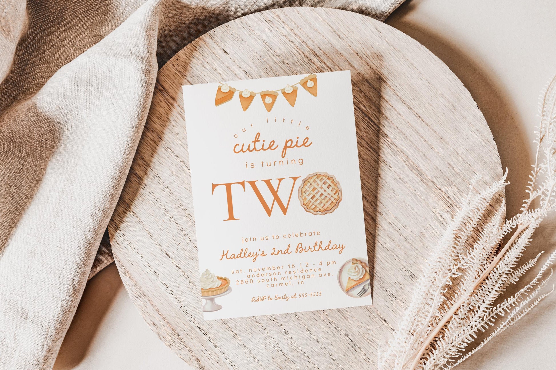 Cutie Pie 2nd Birthday Invitation | Pumpkin Pie Second Birthday Party | Gender Neutral Invite | Fall Thanksgiving Theme | Editable Printable