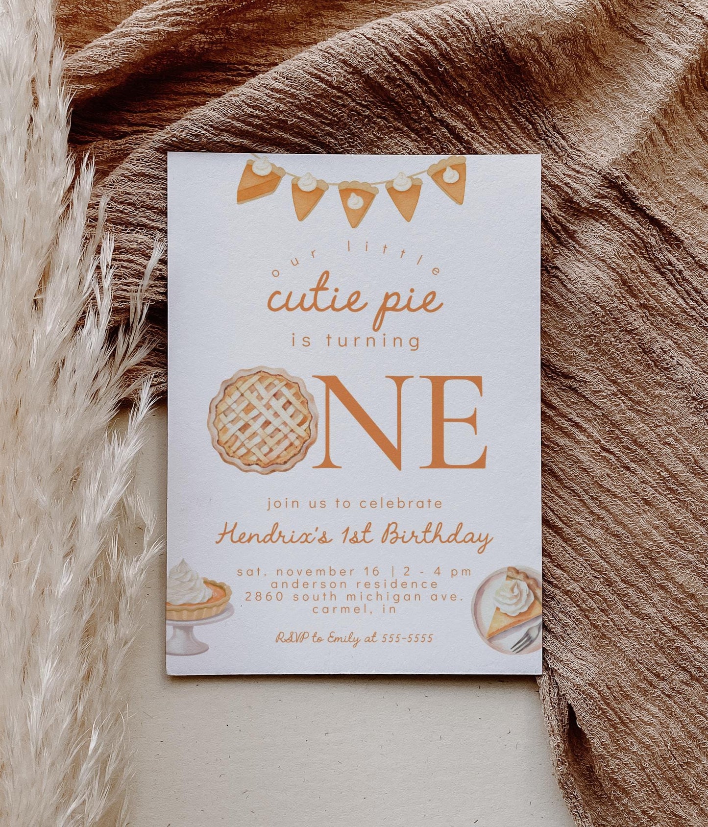 Cutie Pie First Birthday Invitation | Pumpkin Pie 1st Birthday Party | Gender Neutral Invite | Fall Thanksgiving Theme | Editable Printable