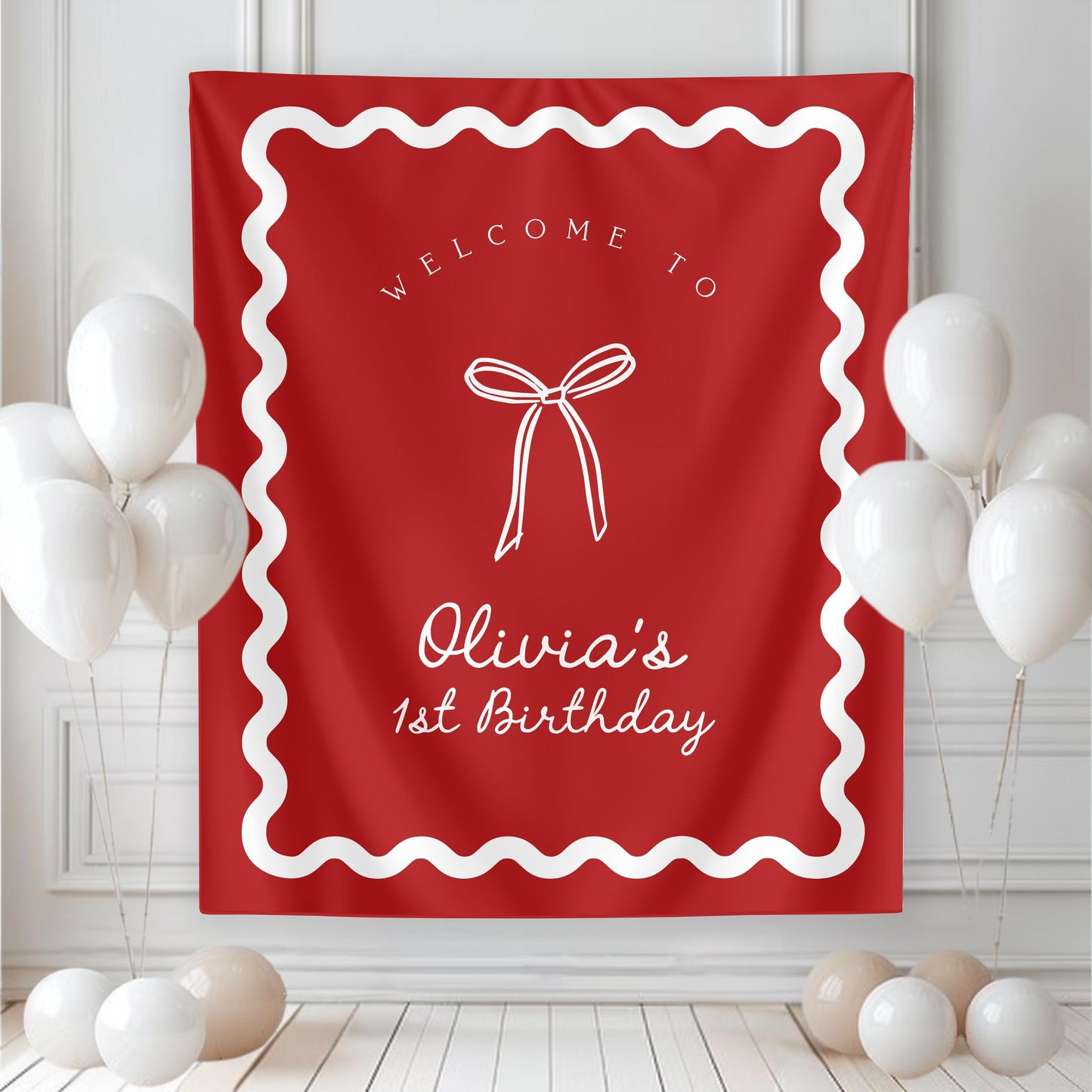Bow Christmas Birthday Backdrop | Red White Bow Banner | First Birthday Photo Backdrop | Coquette Holiday Party Welcome Sign | Wavy Border