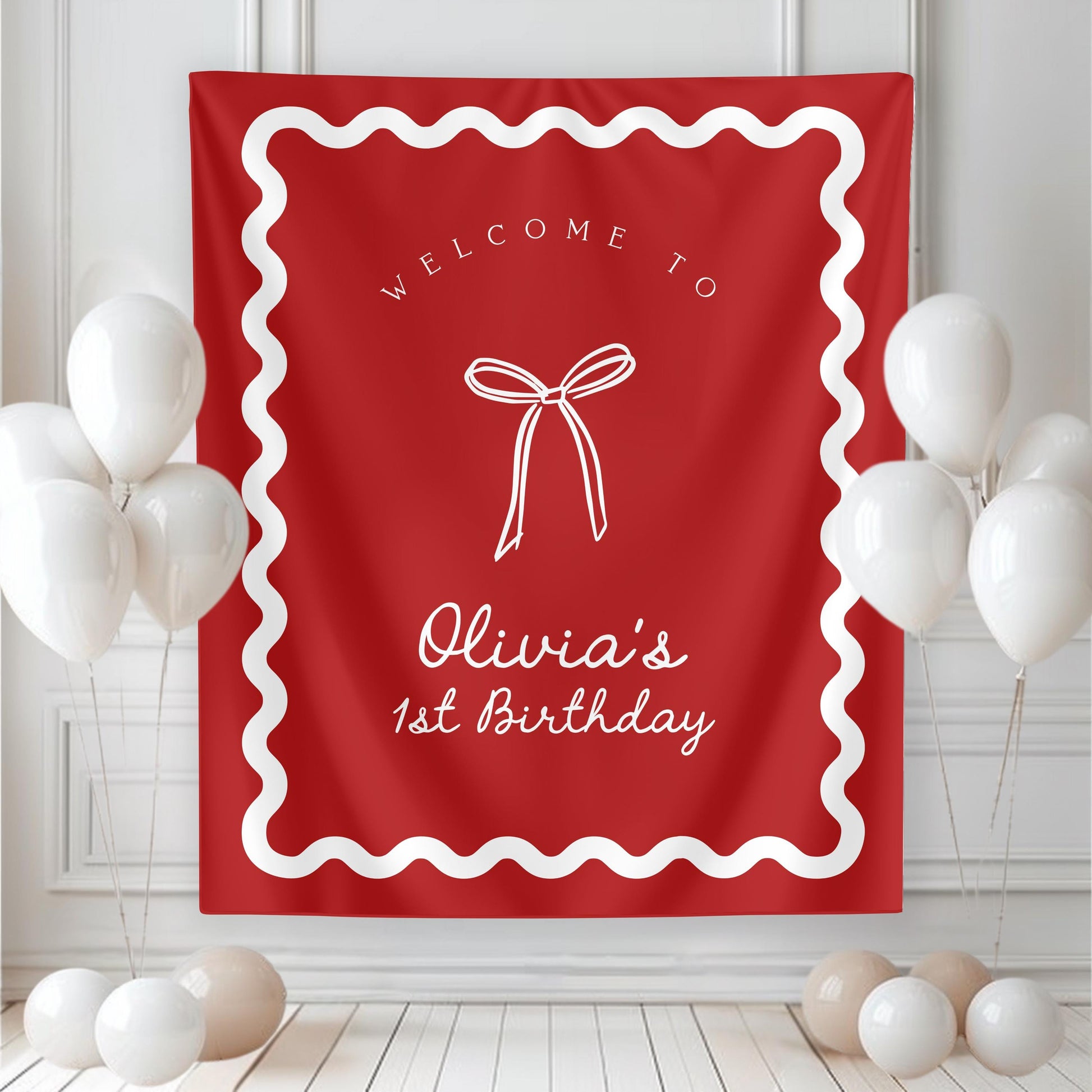 Bow Christmas Birthday Backdrop | Red White Bow Banner | First Birthday Photo Backdrop | Coquette Holiday Party Welcome Sign | Wavy Border