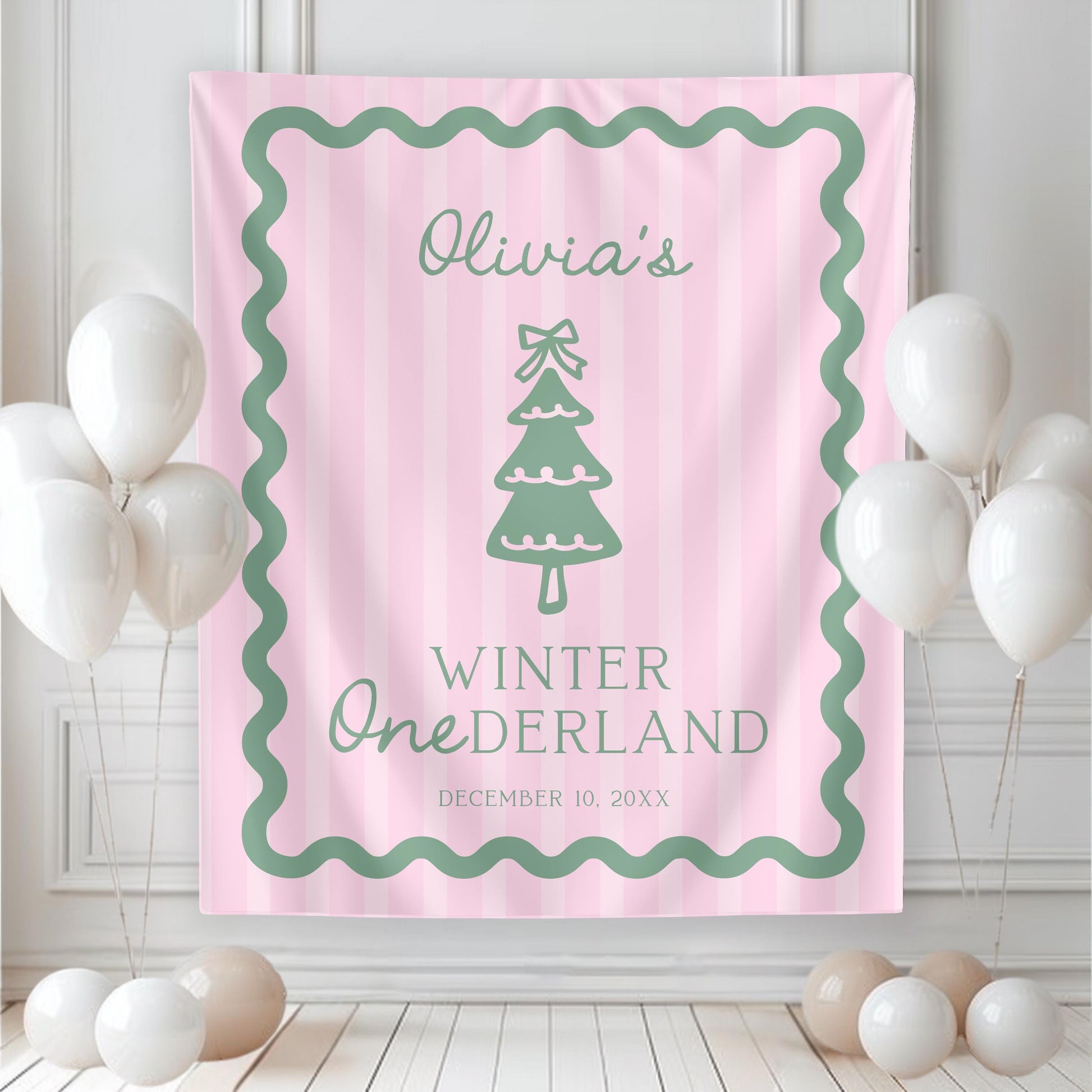 Pink and Green Winter ONEderland Backdrop | Wavy Border Banner | Whimsical Bow Party Sign for Girl Christmas Birthday