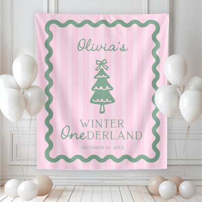 Pink and Green Winter ONEderland Backdrop | Wavy Border Banner | Whimsical Bow Party Sign for Girl Christmas Birthday