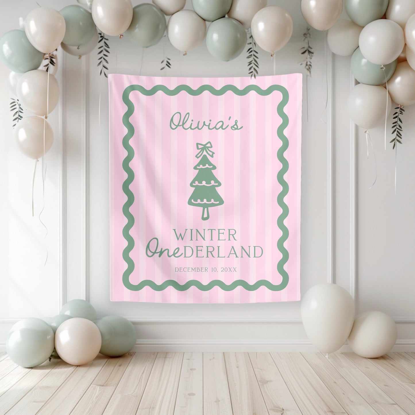 Pink and Green Winter ONEderland Backdrop | Wavy Border Banner | Whimsical Bow Party Sign for Girl Christmas Birthday