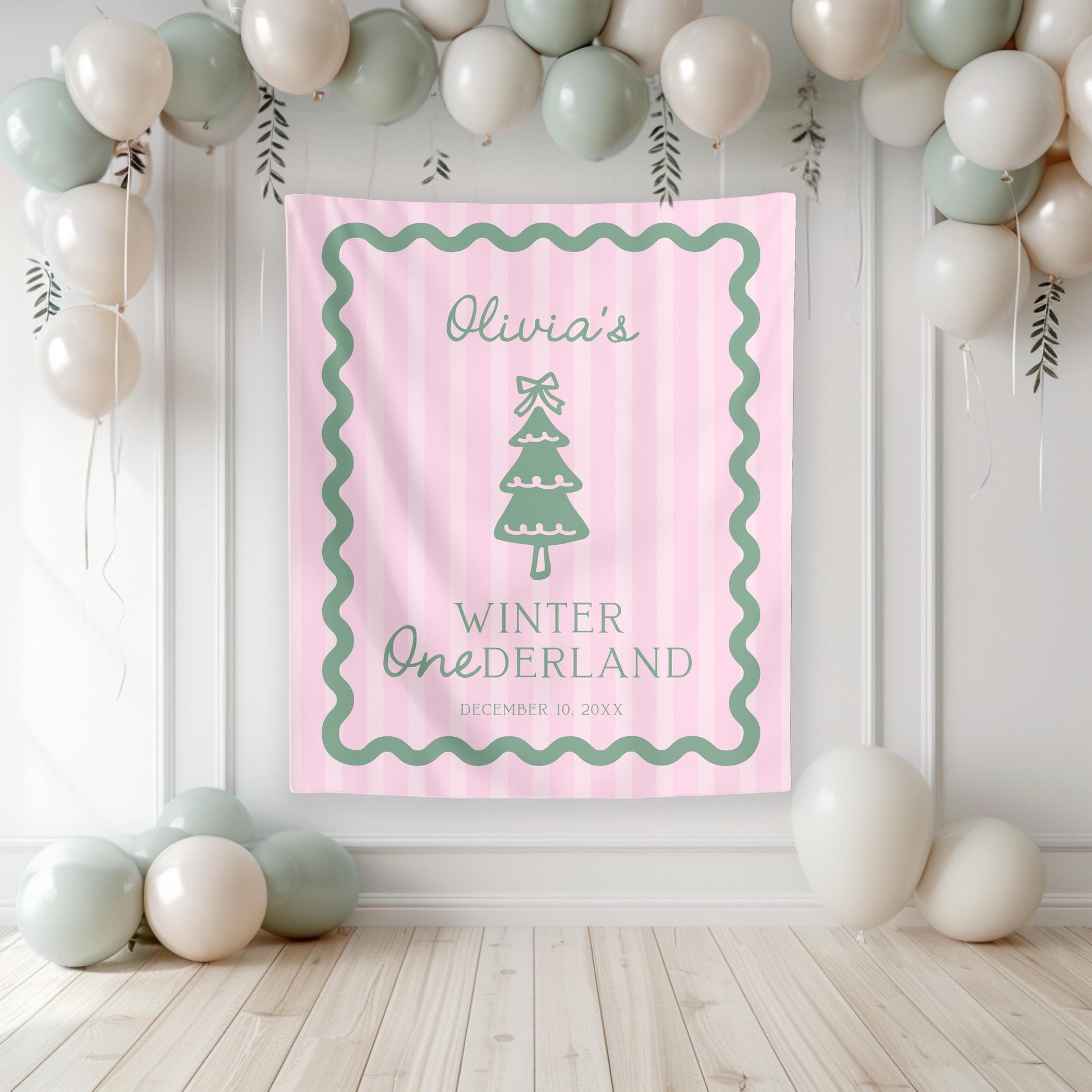 Pink and Green Winter ONEderland Backdrop | Wavy Border Banner | Whimsical Bow Party Sign for Girl Christmas Birthday