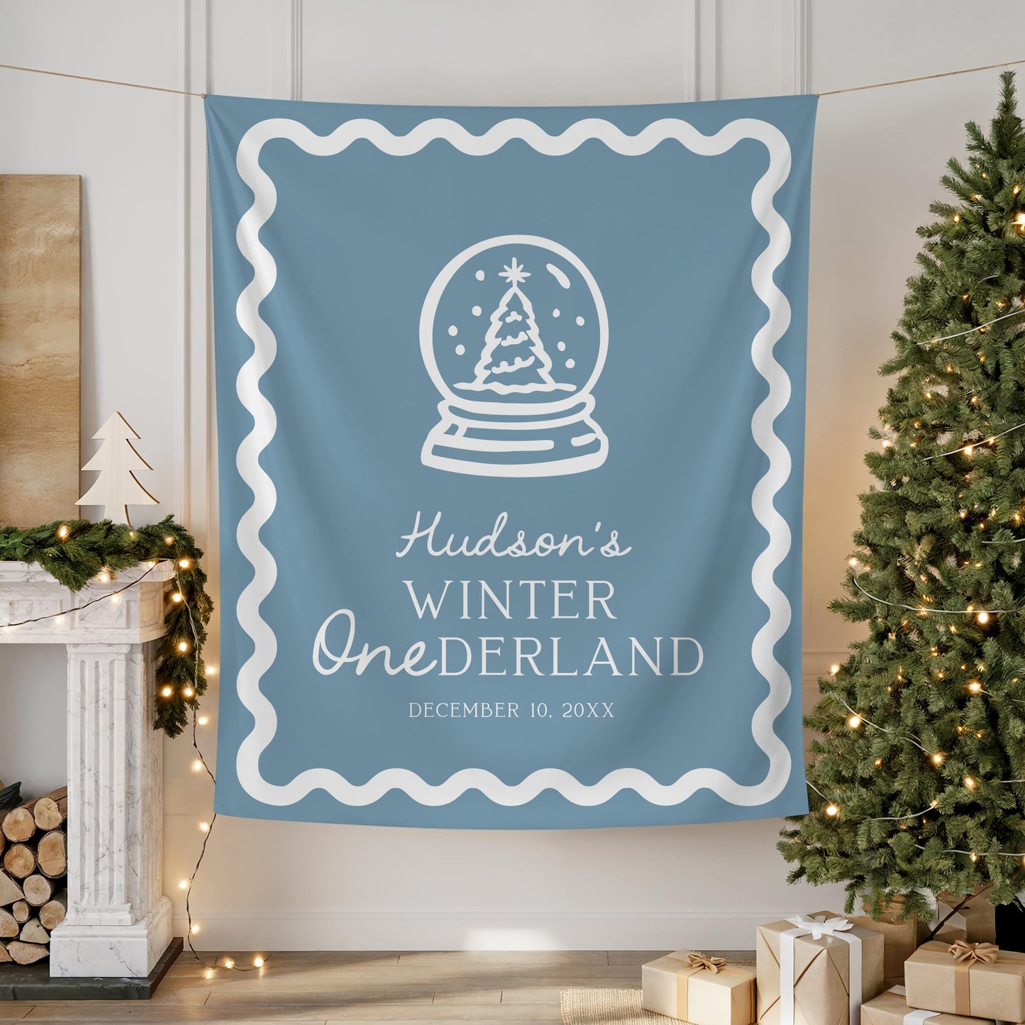 Blue Winter ONEderland Backdrop | Wavy Border Banner | Christmas Party Sign for 1st Birthday