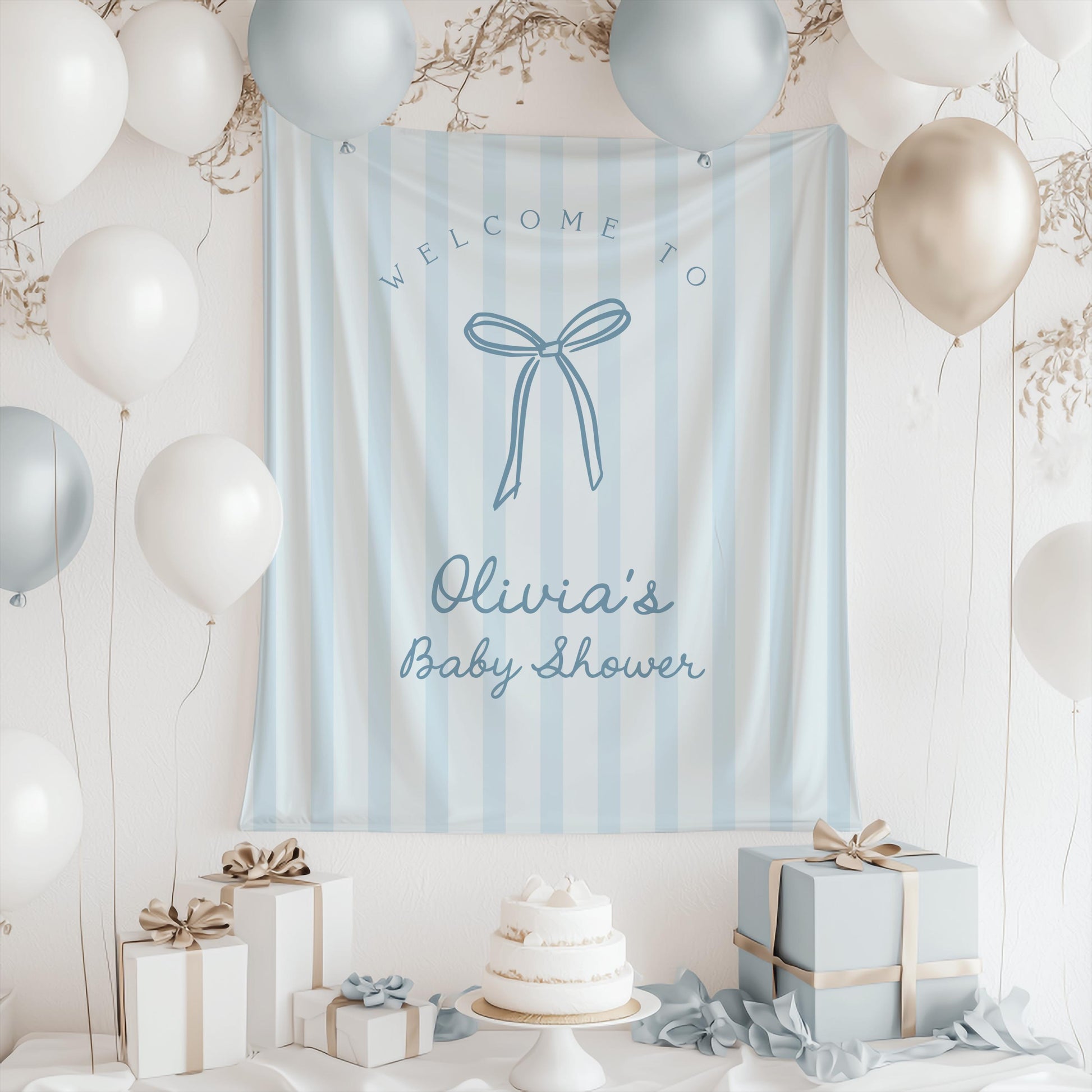 Bow Baby Shower Backdrop | Light Dusty Blue Striped Banner | Neutral Welcome Sign | Personalized Boy Baby Shower Decor | Bridal Shower