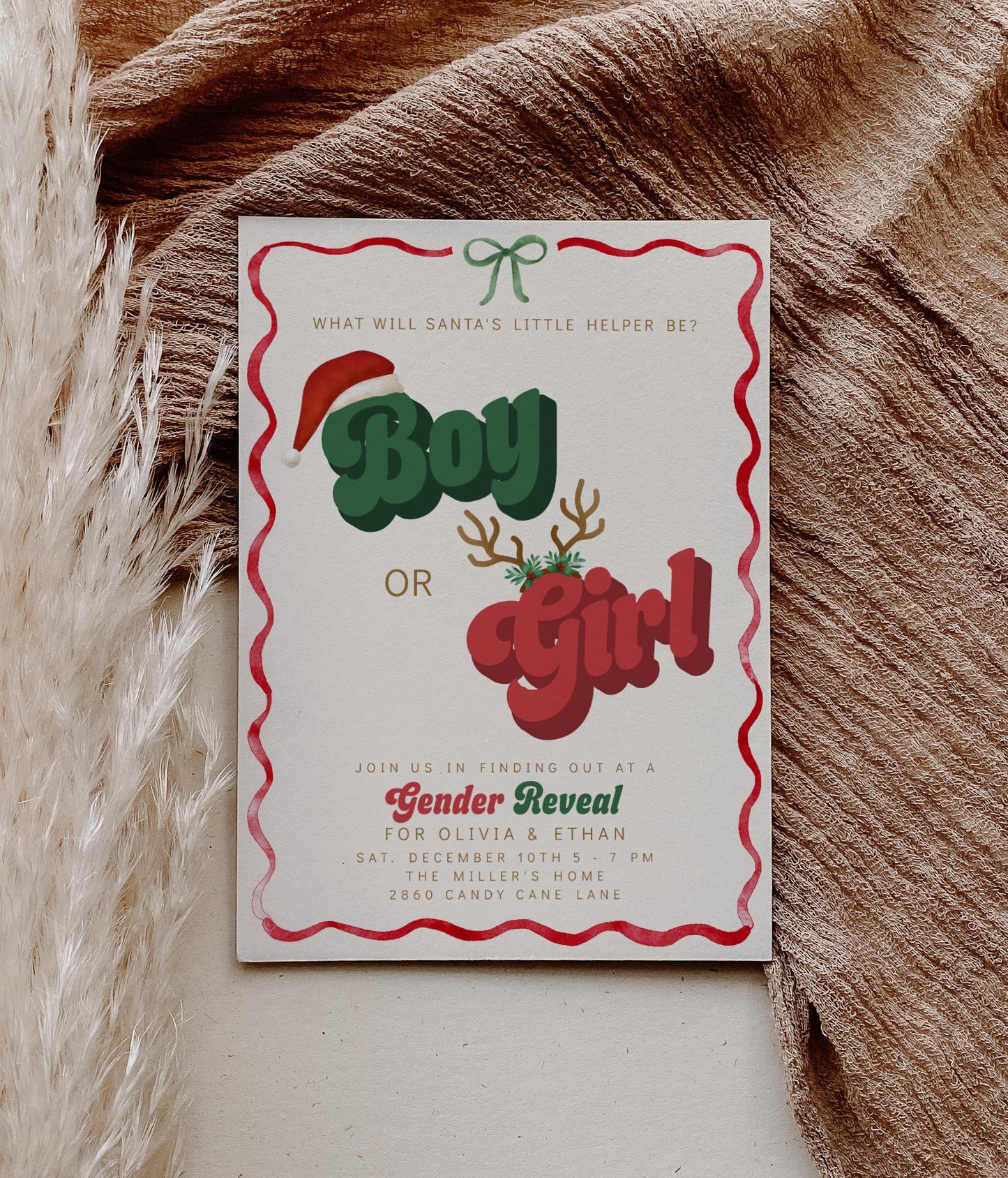 Christmas Gender Reveal Invitation | Retro Holiday Baby Shower Invite | Santa’s Little Helper Boy or Girl Editable Corjl Template