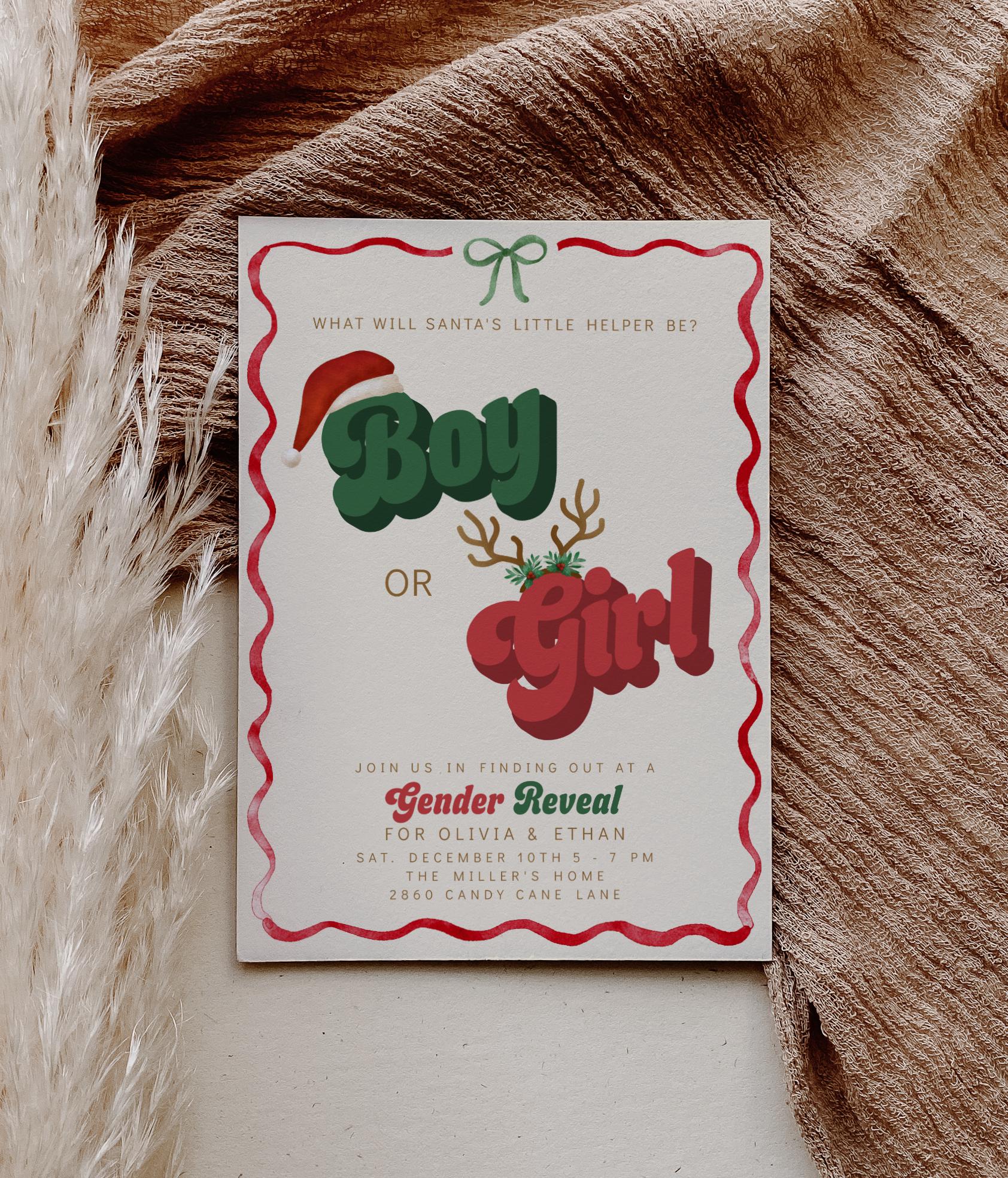 Christmas Gender Reveal Invitation | Retro Holiday Baby Shower Invite | Santa’s Little Helper Boy or Girl Editable Corjl Template