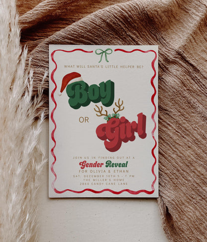 Christmas Gender Reveal Invitation | Retro Holiday Baby Shower Invite | Santa’s Little Helper Boy or Girl Editable Corjl Template