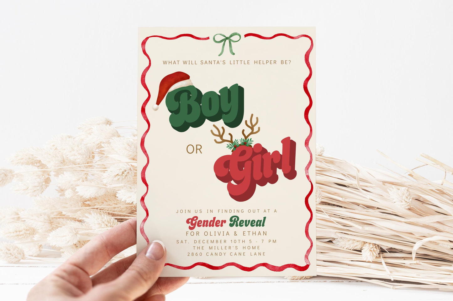 Christmas Gender Reveal Invitation | Retro Holiday Baby Shower Invite | Santa’s Little Helper Boy or Girl Editable Corjl Template