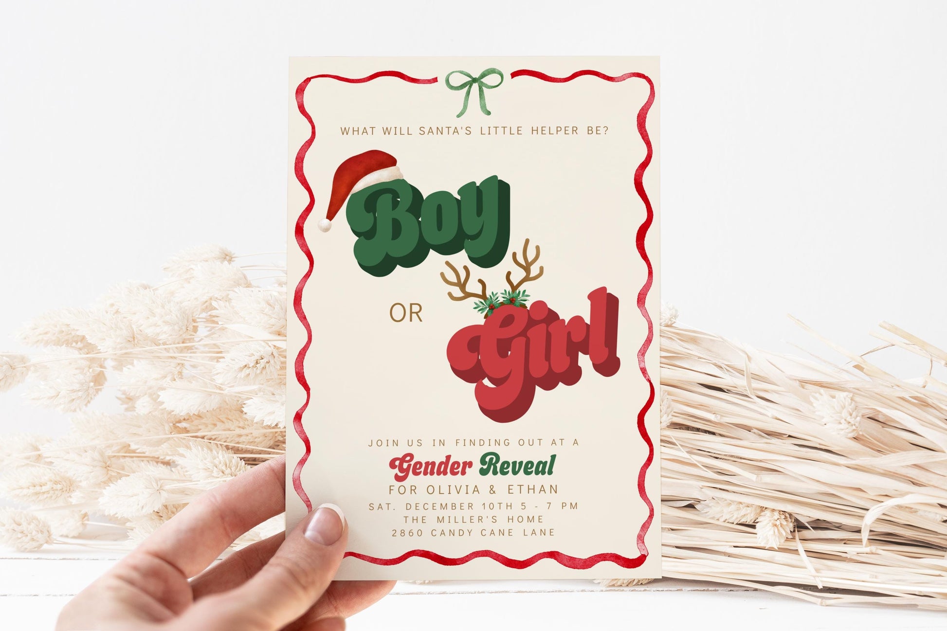 Christmas Gender Reveal Invitation | Retro Holiday Baby Shower Invite | Santa’s Little Helper Boy or Girl Editable Corjl Template