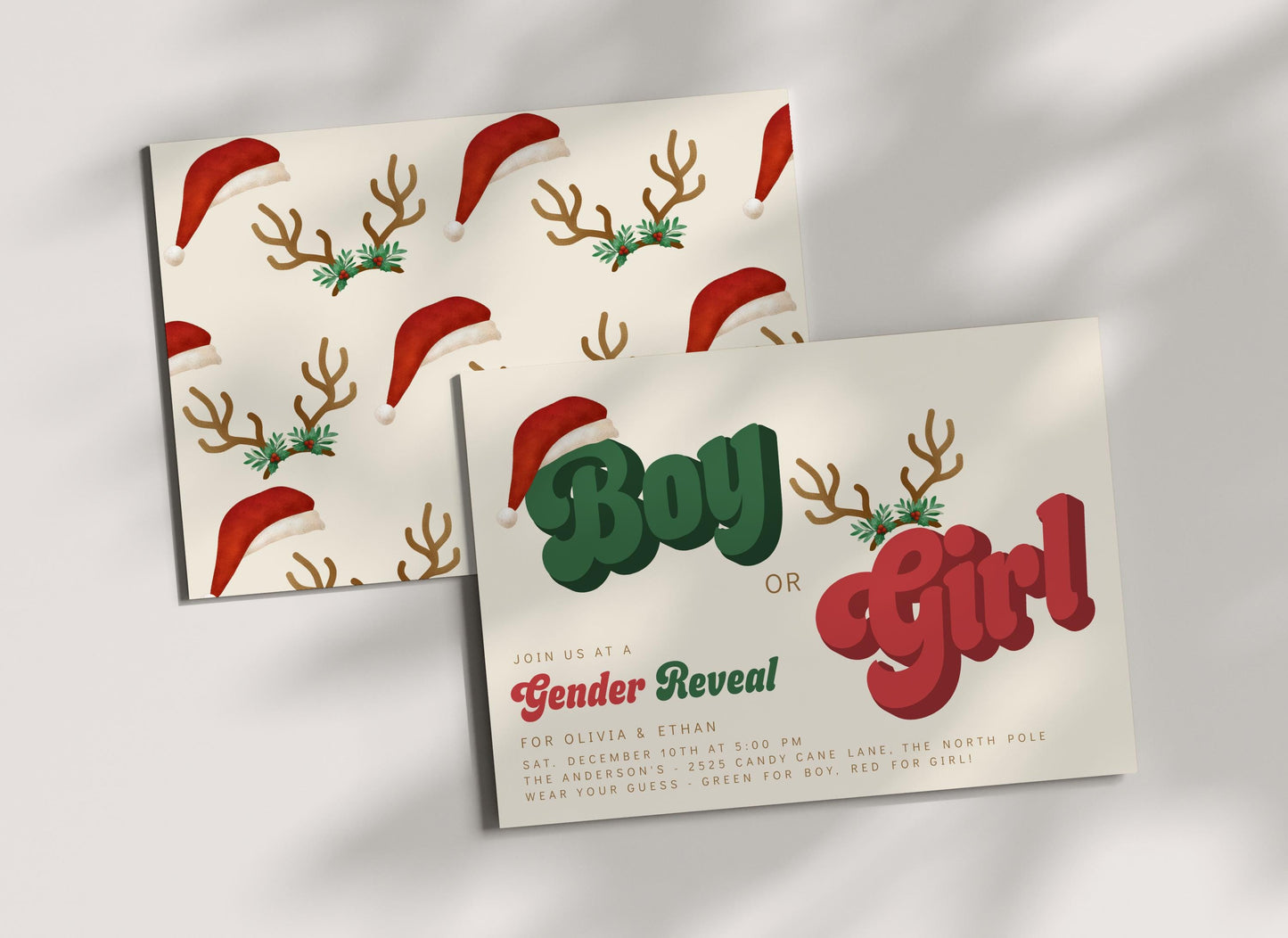 Christmas Gender Reveal Invitation | Retro Holiday Baby Shower Invite | Boy or Girl Editable Corjl Template